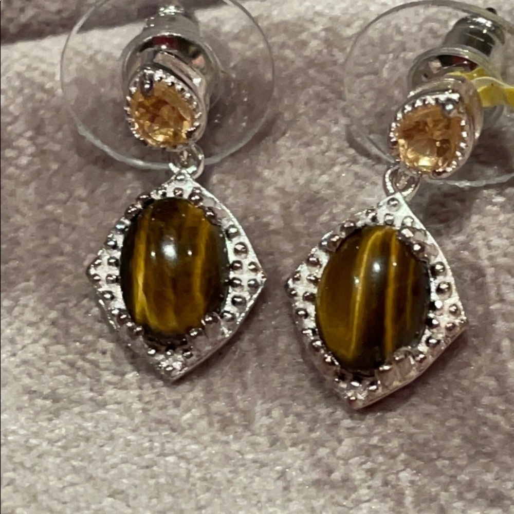 Brazilian Citrine & South African Tigers Eye Earrings 925 Sterling Silver Nwts